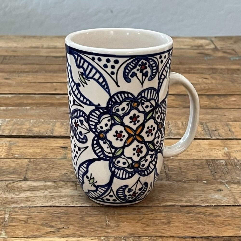 World Market Tunis White Blue Hand Painted Ceramic Mug 5.5" Medallion Design